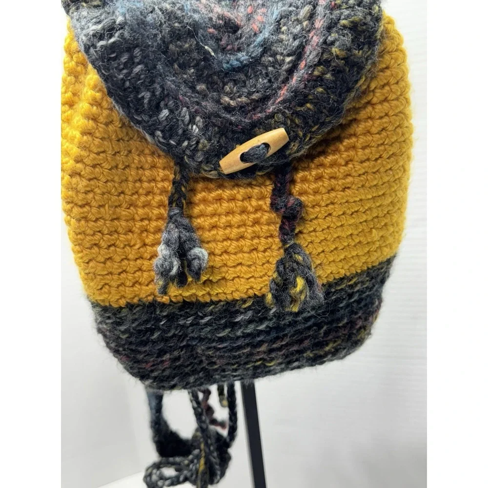 UNIQUE‎ Crochet Backpack W/hair Ties 70s Festival Hippie Blue-Yellow Boho Bag